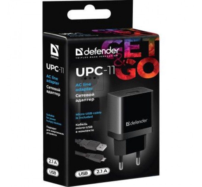 Defender Зарядний пристрій Defender UPС-11 1xUSB,5V/2.1А, кабель micro-USB (83556)