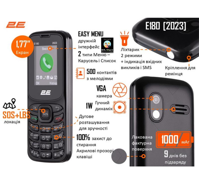 2E Мобільний телефон 2E E180 2023 Black (688130251044)