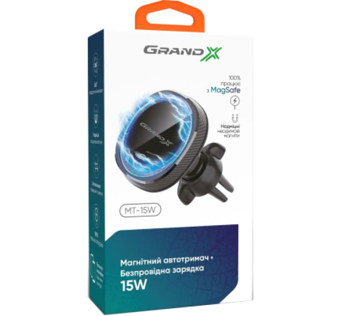 Grand-X Універсальний автотримач Grand-X MT-15W MagSafe з зарядкою 15W (кріплення на дефлектор) (MT-15W)