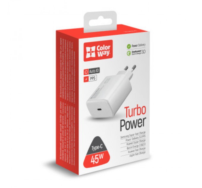 ColorWay Зарядний пристрій ColorWay Power Delivery Port PPS USB Type-C (45W) white (CW-CHS034PD-WT)