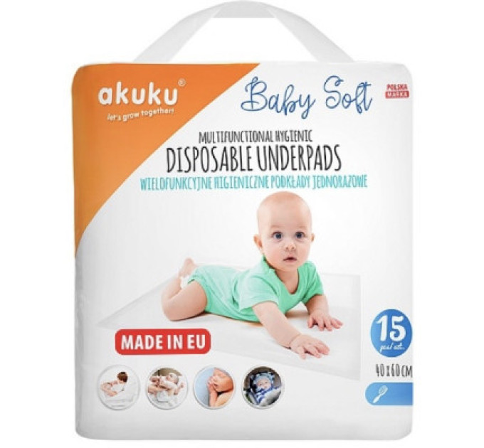 Akuku Пелюшки для малюків Akuku Baby Soft 40 x 60 см, 15 шт (A0500)