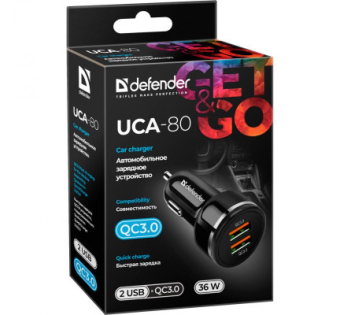 Defender Зарядний пристрій Defender UCA-80 black, 2xUSB, QC3.0, 36W (83832)