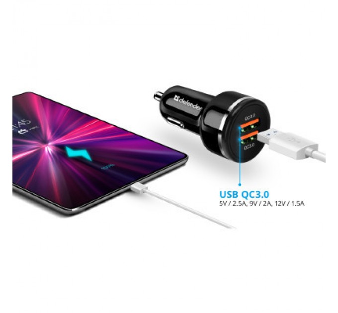 Defender Зарядний пристрій Defender UCA-80 black, 2xUSB, QC3.0, 36W (83832)