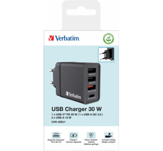 Verbatim Зарядний пристрій Verbatim USB 30W PD3.0 4-ports black (49700)