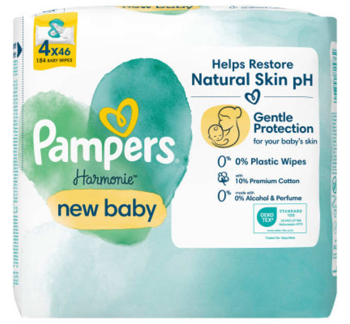 Pampers Дитячі вологі серветки Pampers Harmonie New baby 4 пачки х 46 шт (8006540815762)