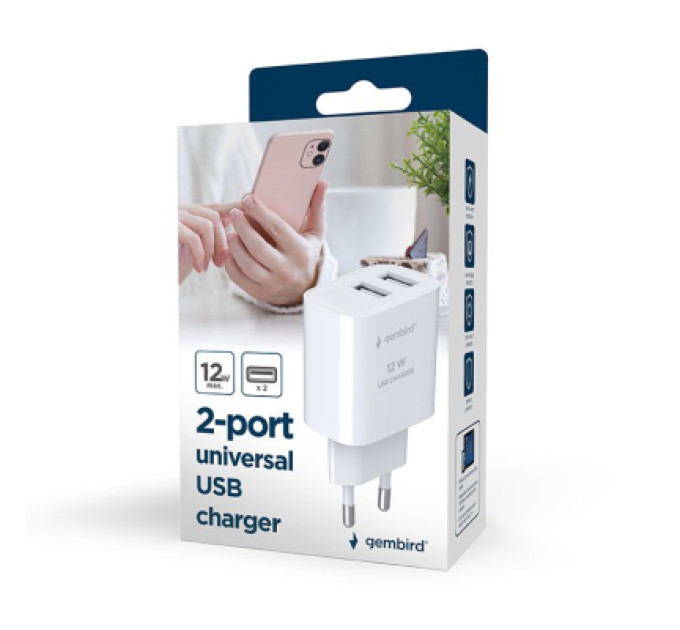 Gembird Зарядний пристрій Gembird 2 USB-A 5V/2.4A (12W) white (TA-UC-2A12-01)