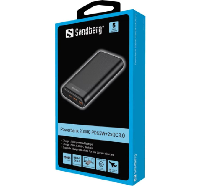Sandberg Батарея універсальна Sandberg 20000mAh, PD/65W, QC/3.0, Always-ON-Mode, +cable 100W (420-62)
