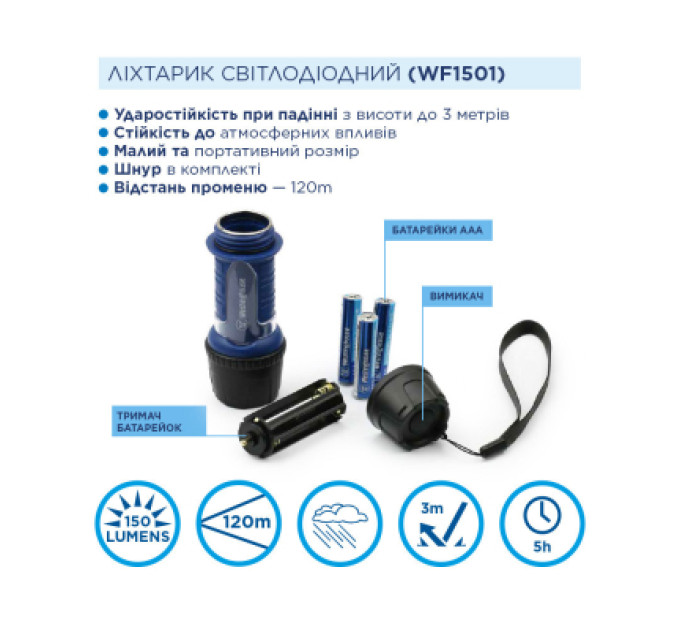 Westinghouse Ліхтар Westinghouse 3W LED WF1501 + 3 x AAA LR03 (WF1501-3LR03NTB)