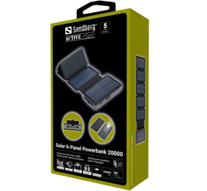 Sandberg Батарея універсальна Sandberg 20000mAh, Solar 6-Panel/7.5W, USB-C output(20W), USB-A*2/(18W Max) (420-73)