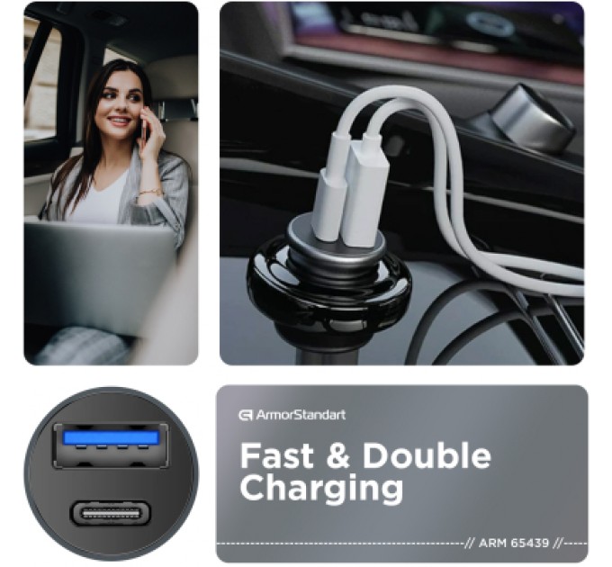 Armorstandart Зарядний пристрій Armorstandart Car USB Type-C PD20W + USB QC 3.0 Grey (ARM65439)