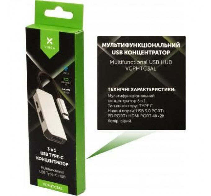 Концентратор Vinga Type-C to 4K HDMI+USB3.0+PD aluminium (VCPHTC3AL)