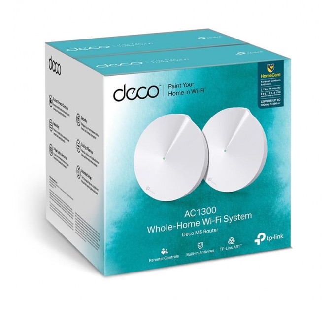 TP-Link WiFi Mesh система TP-Link Deco M5 2-pack (AC1300, 2xGE LAN/WAN, Bluetooth, MESH, MU-MIMO, 4 антенны, 2-pack)