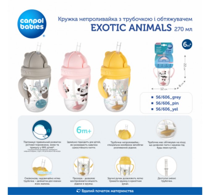 Canpol babies Поїльник-непроливайка Canpol babies Exotic Animals з трубочкою і обтяжувачем 270 мл Сіра (56/606_grey)