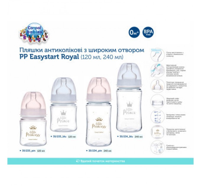 Canpol babies Пляшечка для годування Canpol babies Royal Baby з широким отвором 120 мл Рожева (35/233_pin)