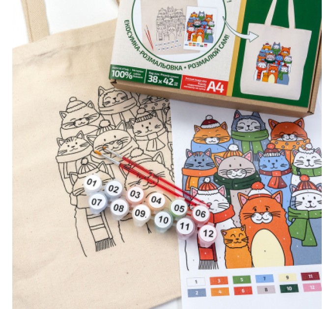 Rosa Набір для творчості Rosa Talent екосумка-розмальовка, Коти в шапках, 38х42 см (4823098543527)