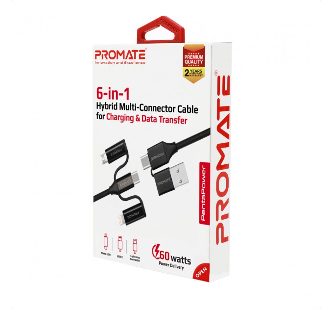 Promate Кабель Promate USB + USB Type-C -  Lightning + micro USB + USB Type-C (M/M), 3 A, 60 W, 1.2 м, PentaPower Black (pentapower.black)