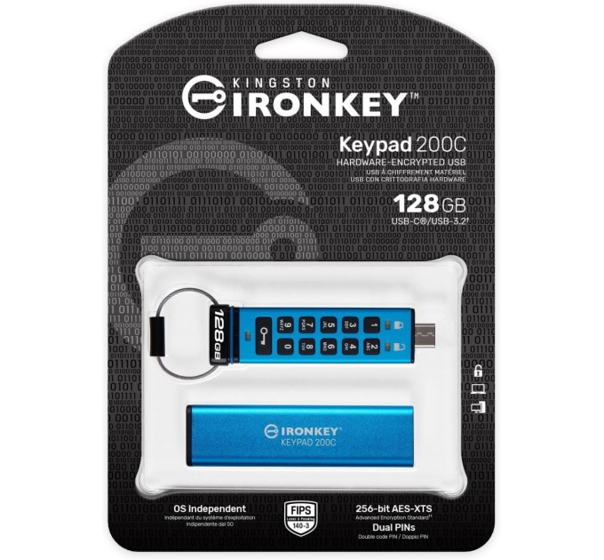 Kingston Флеш-накопичувач USB3.2 128GB Kingston IronKey Keypad 200 Type-C Blue (IKKP200C/128GB)