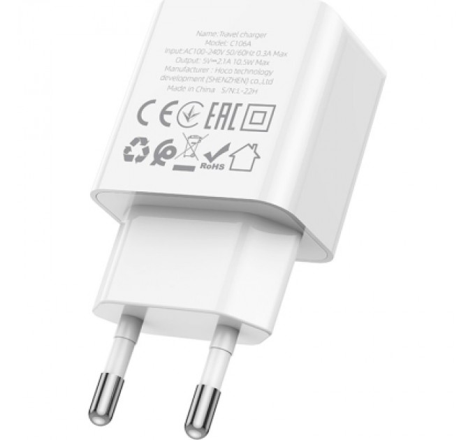 HOCO Зарядний пристрій HOCO C106A Leisure USB 10.5W White (6931474783882)