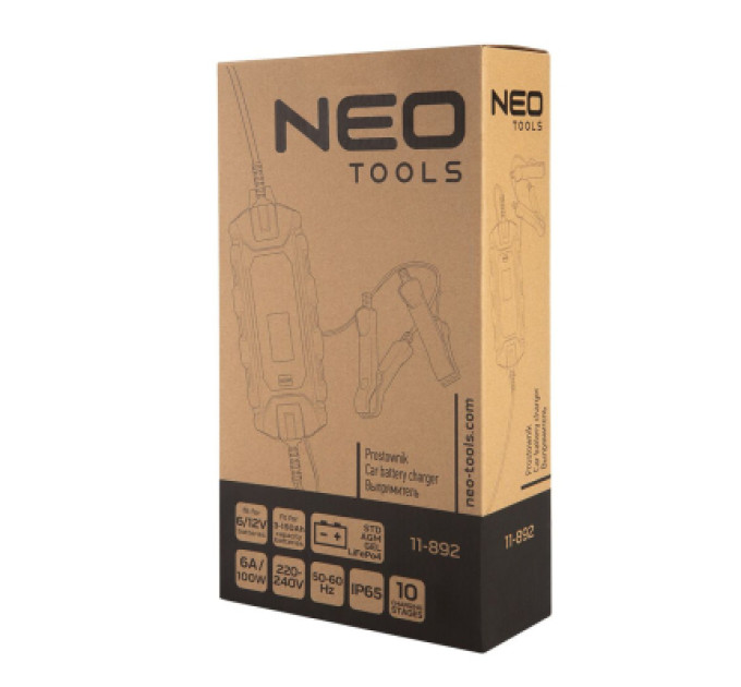 Neo Tools Зарядний пристрій для автомобільного акумулятора Neo Tools 6А/100Вт, 3-150Ач, для кислотних/AGM/GEL (11-892)