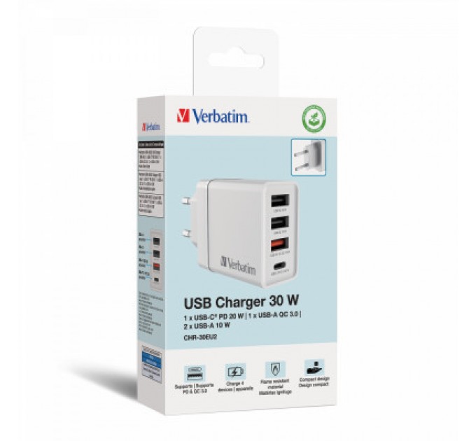 Verbatim Зарядний пристрій Verbatim USB 30W PD3.0 4-ports white (49701)
