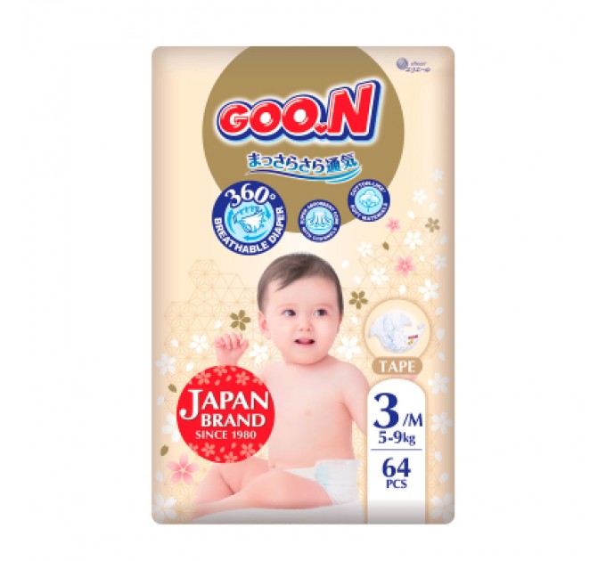 GOO.N Підгузки GOO.N Premium Soft 5-9 кг Розмір 3 M на липучках 64 шт (F1010101-154)