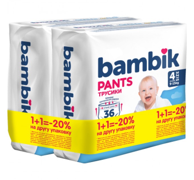 Bambik Підгузки Bambik Трусики 9-15 кг Розмір 4 2 х 36 шт (4823071664010)