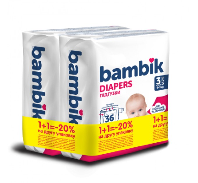 Bambik Підгузки Bambik Medium 4-9 кг Розмір 3 Midi 2 х 36 шт (4823071664027)