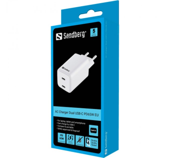 Sandberg Зарядний пристрій Sandberg 2xUSB 65W (2xUSB-C) Gan III (441-56)
