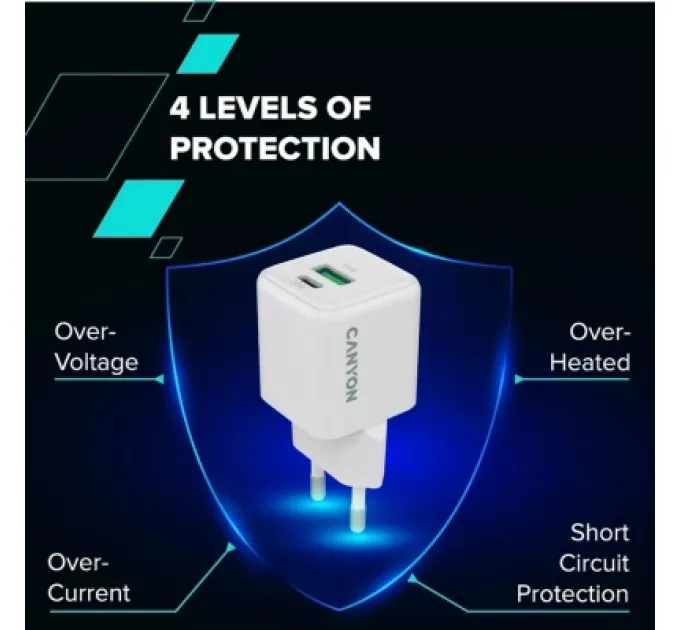 Canyon Зарядний пристрій Canyon CU20AC GaN 20W 1xPD 1xQC EU White (CNS-CUW20AC)