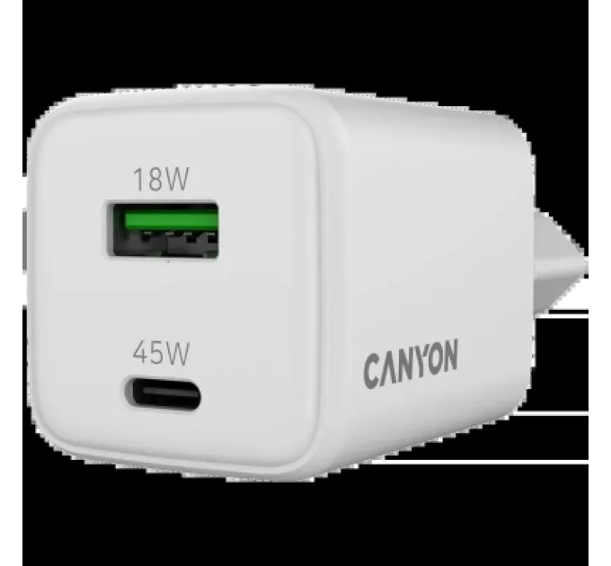 Canyon Зарядний пристрій Canyon CU45AC GaN 45W 1xPD 1xQC EU White (CNS-CUW45AC)