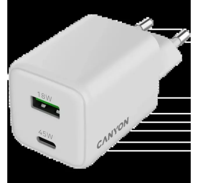 Canyon Зарядний пристрій Canyon CU45AC GaN 45W 1xPD 1xQC EU White (CNS-CUW45AC)