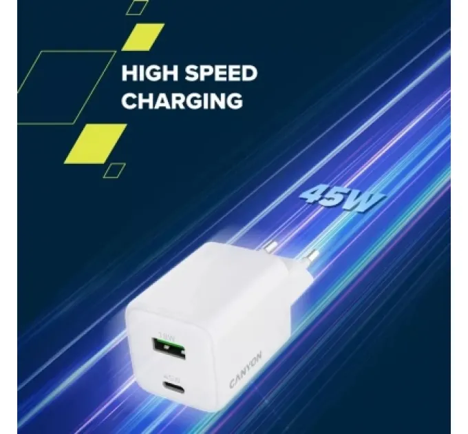 Canyon Зарядний пристрій Canyon CU45AC GaN 45W 1xPD 1xQC EU White (CNS-CUW45AC)