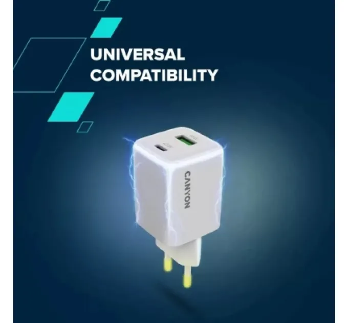 Canyon Зарядний пристрій Canyon CU45AC GaN 45W 1xPD 1xQC EU White (CNS-CUW45AC)