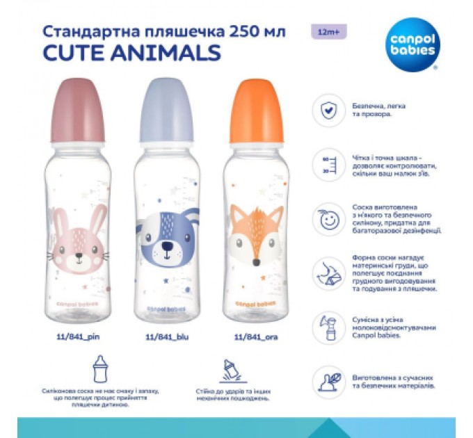 Canpol babies Пляшечка для годування Canpol babies Cute Animals стандартна 250 мл рожева рожев (11/841_pin)