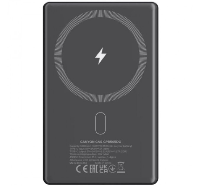 Canyon Батарея універсальна Canyon 5000mAh OnPower 505 slim Magsafe PD/20W Dark Grey (CNS-CPB505DG)