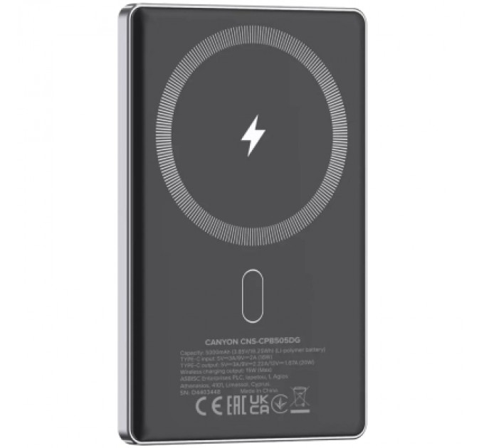 Canyon Батарея універсальна Canyon 5000mAh OnPower 505 slim Magsafe PD/20W Dark Grey (CNS-CPB505DG)