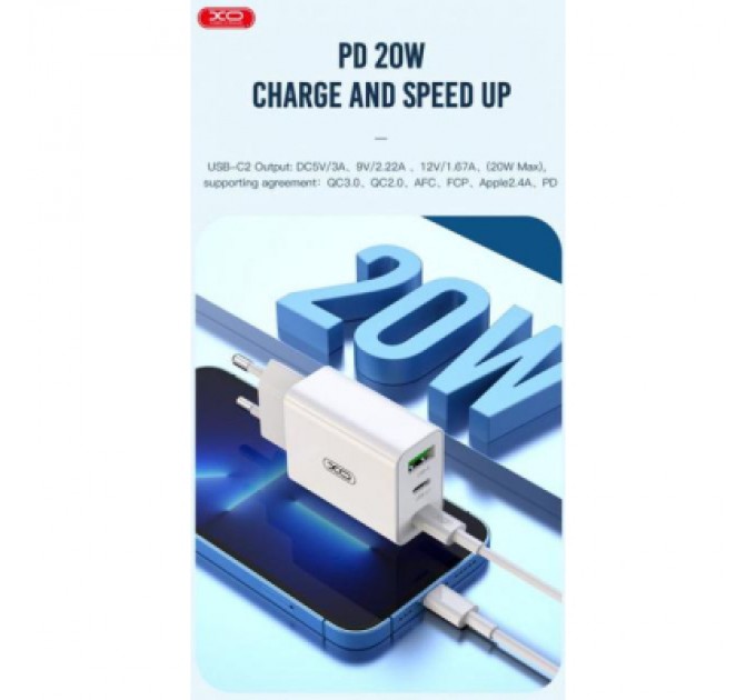 XO Зарядний пристрій XO L101 PD + QC3.0 (1USB/2Type-C/20W) + USB - MicroUSB White (XO-L101-WH)