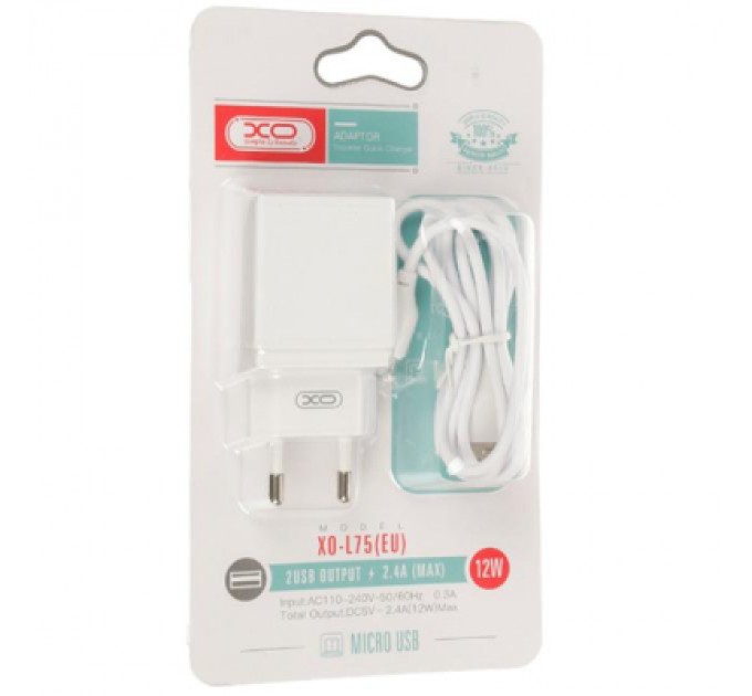 XO Зарядний пристрій XO L75 2USB/2.4A + MicroUSB White (XO-L75-M)