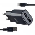 XO Зарядний пристрій XO L92C (2USB/2.4A) + USB - Lightning Чорний (XO-L92C-L)