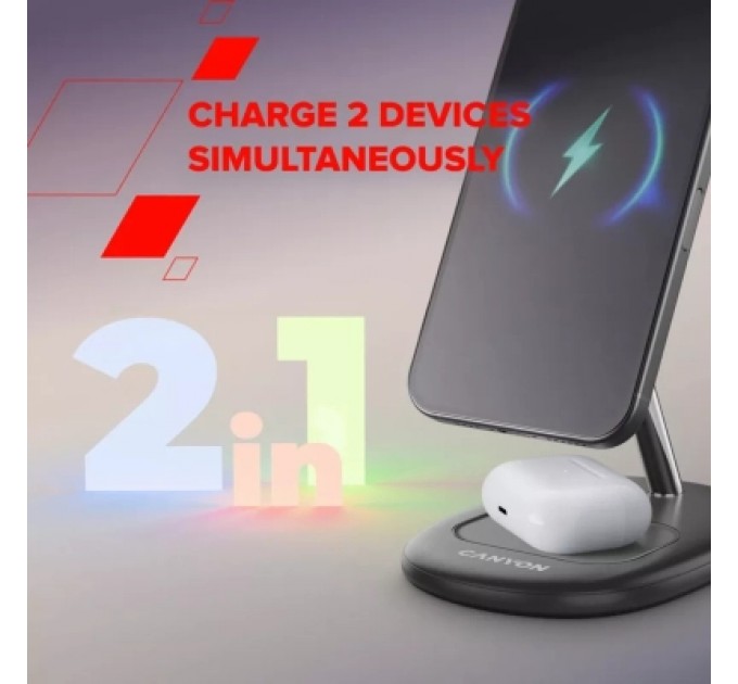 Canyon Зарядний пристрій Canyon wireless charger WCS-205 15W Qi2 2in1 Black (CNS-WCS205B)