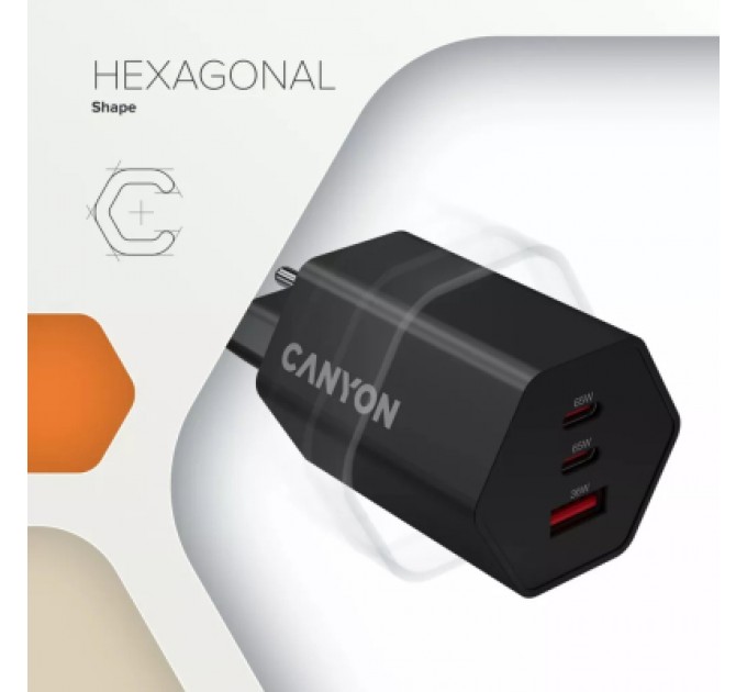 Canyon Зарядний пристрій Canyon HEXAGON 65 GaN 65W 2xPD 1xQC EU White (CND-CHAHEX65W)