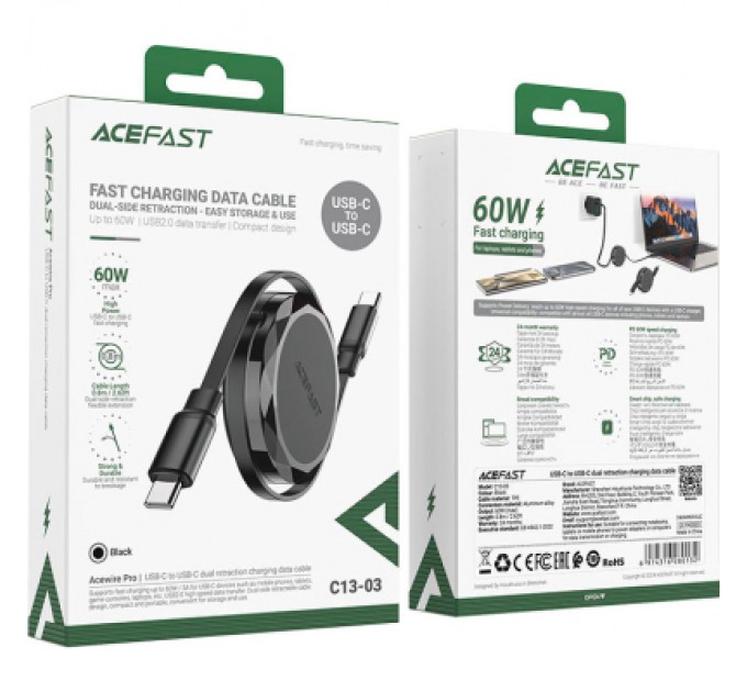 Acefast Дата кабель USB-C to USB-C 0.8m 60W dual retraction C13-03 Black Acefast (6974316280132)
