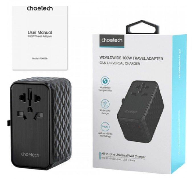Choetech Зарядний пристрій Choetech 4xUSB 100W PD (2хUSB-C+2хUSB-A) сharger diamond model black (PD6028-BK)