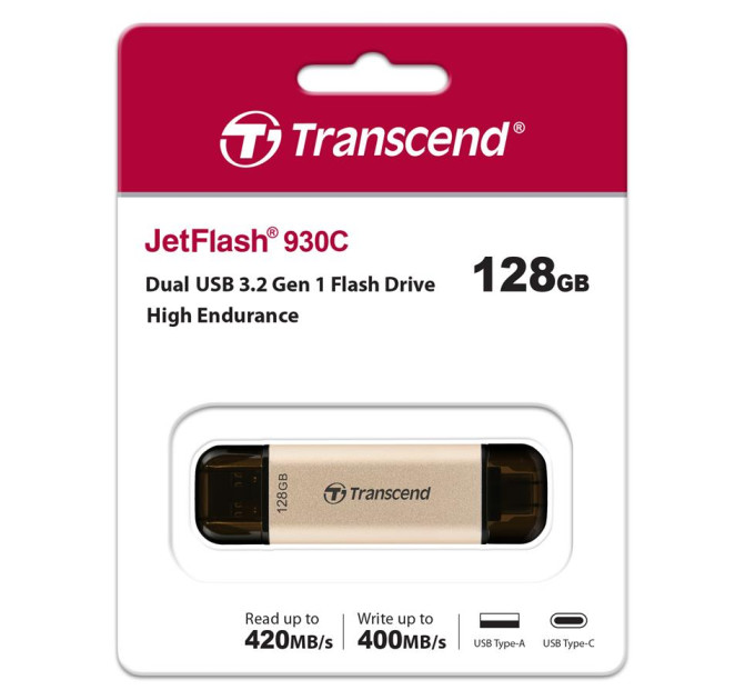 Transcend USB флеш накопичувач Transcend 128GB JetFlash 930 Gold-Black USB 3.2/Type-C (TS128GJF930C)