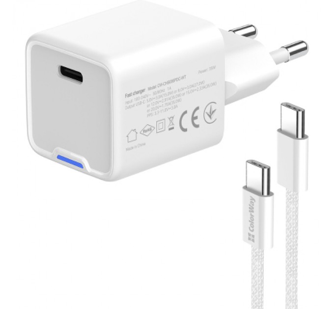ColorWay Зарядний пристрій ColorWay GaN Mini 30W PD Port PPS USB (Type-C PD + USB QC4.0) cable Type-C (CW-CHS053PDC-WT)