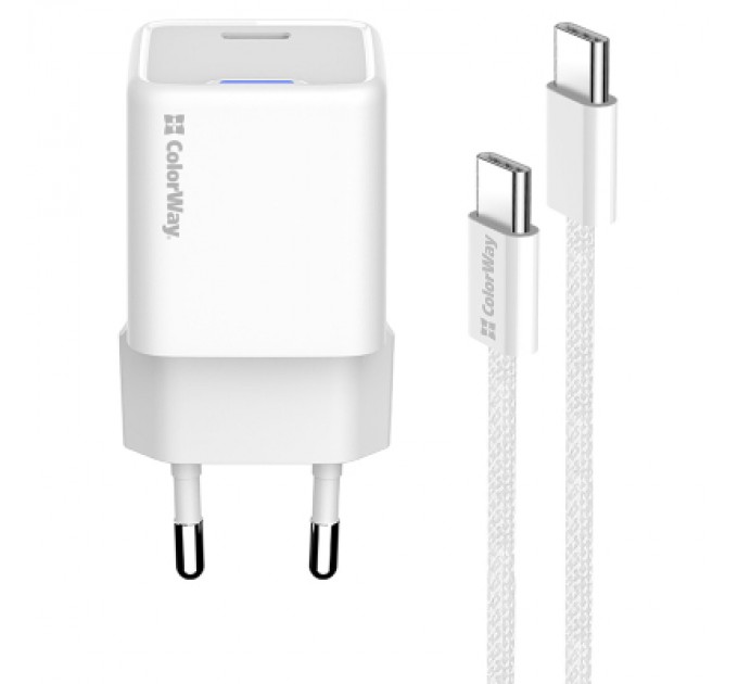 ColorWay Зарядний пристрій ColorWay GaN Mini 30W PD Port PPS USB (Type-C PD + USB QC4.0) cable Type-C (CW-CHS053PDC-WT)