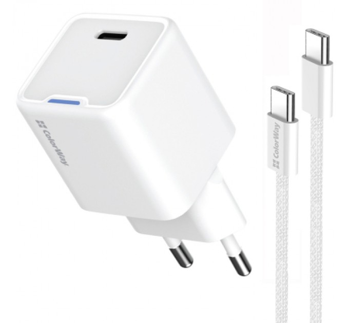 ColorWay Зарядний пристрій ColorWay GaN Mini 30W PD Port PPS USB (Type-C PD + USB QC4.0) cable Type-C (CW-CHS053PDC-WT)