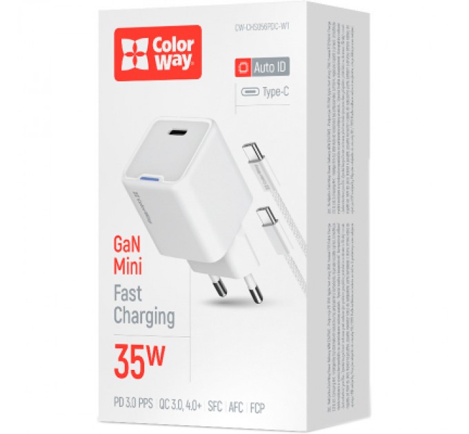 ColorWay Зарядний пристрій ColorWay GaN Mini 30W PD Port PPS USB (Type-C PD + USB QC4.0) cable Type-C (CW-CHS053PDC-WT)