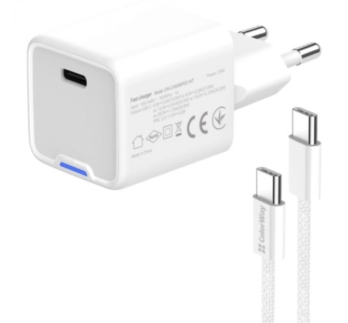 ColorWay Зарядний пристрій ColorWay GaN Mini 35W PD Port PPS USB-C white cable Type-C (CW-CHS056PDC-WT)