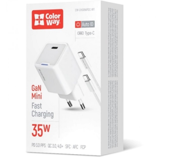 ColorWay Зарядний пристрій ColorWay GaN Mini 35W PD Port PPS USB-C white cable Type-C (CW-CHS056PDC-WT)